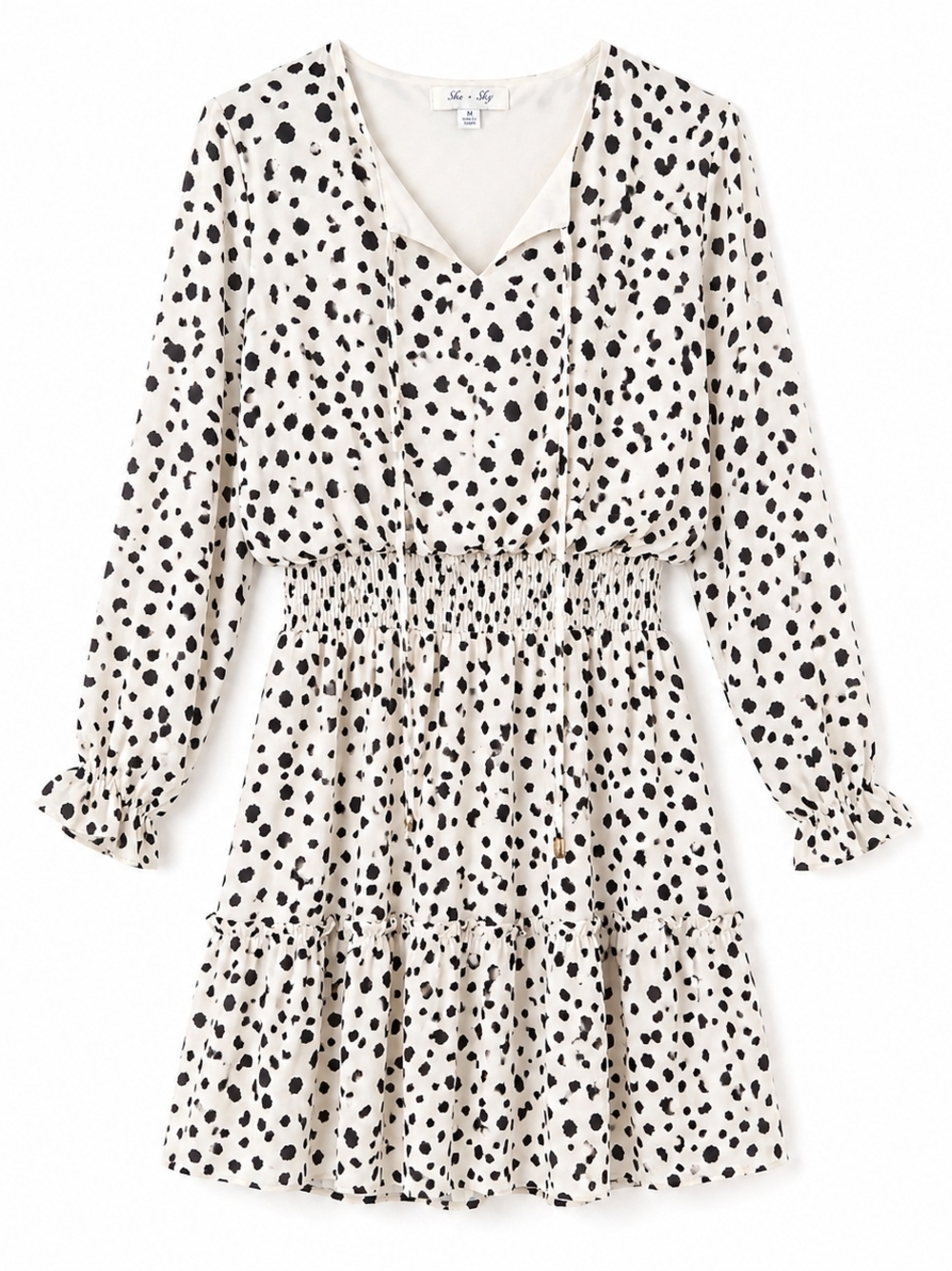 She + Sky Animal Dotted Flowy Dress With Cinched Waist And Tie At Neck